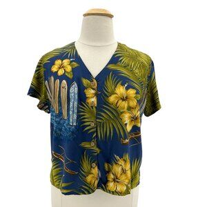 Vintage Diamond Head Sportswear Womens XL Top Hawaiian Floral Palm Leaf V-Neck